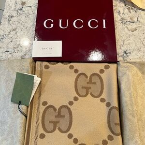 Authentic Gucci Beige and Brown GG Fringe Scarf